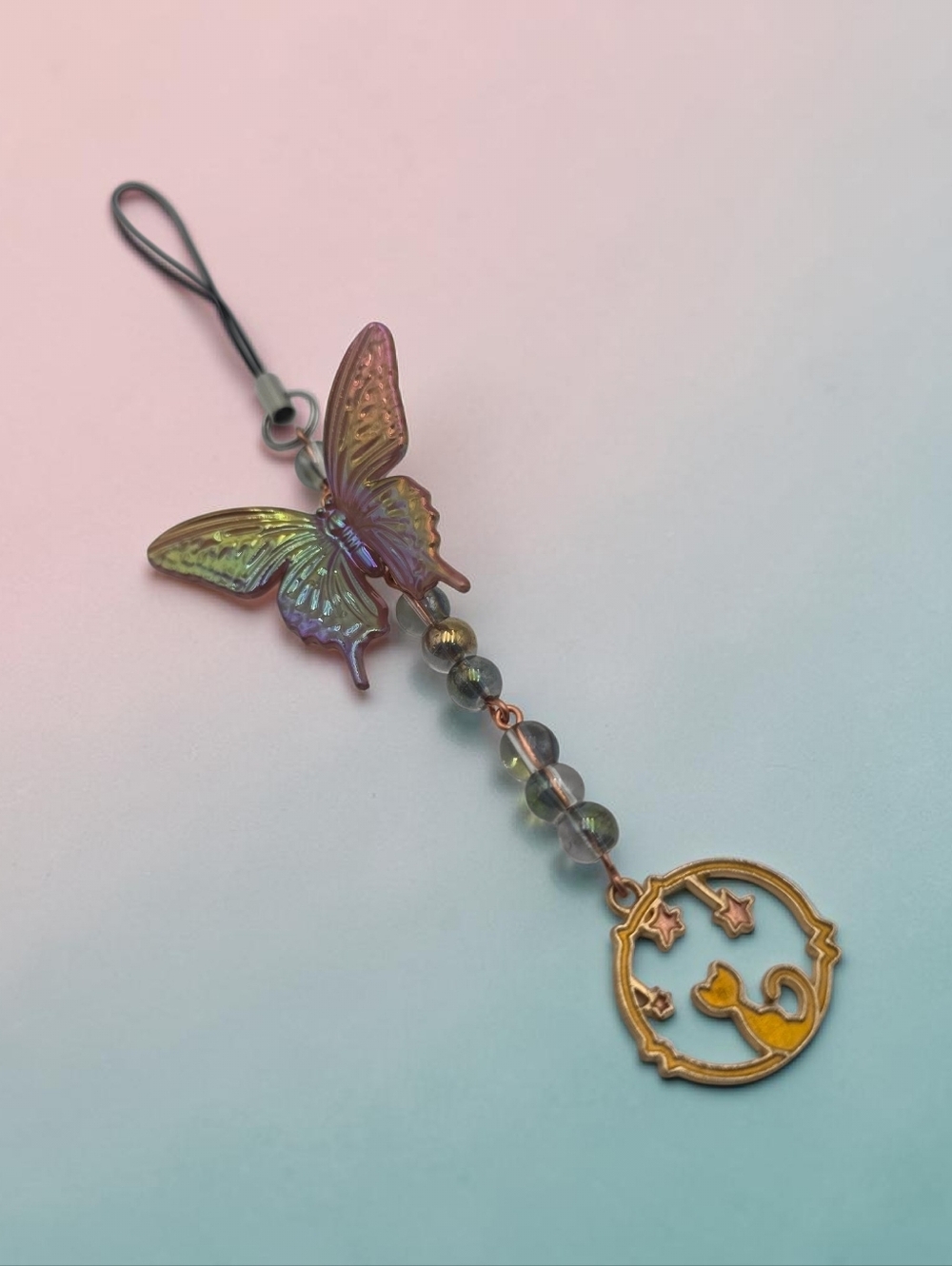 Iridescent Butterfly Phone Charm – Gold Star & Cat Pendant Handmade